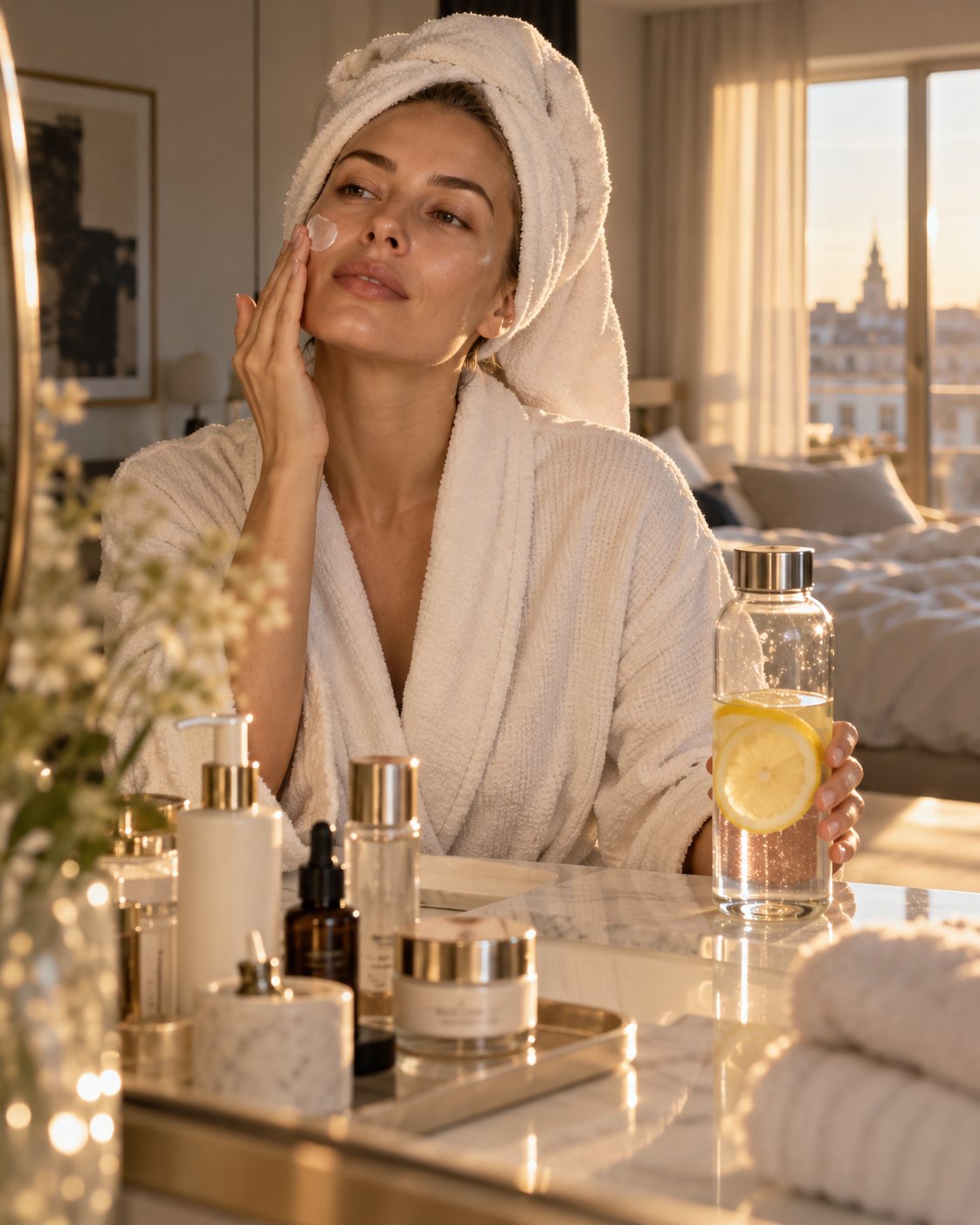 A creator at her vanity in morning light, holding a bottle of lemon water